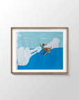 Agua Snaps Indonesia surf painting by Alimo in natural wood frame, surfer snapping off the lip