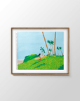Happy Dog Indonesia surf painting by Alimo in natural wood frame, surfer walking through dune grass to the beach