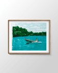 Morning Brew Indonesia surf painting by Alimo in natural wood frame, boat ride across calm water