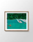 Pocket Pass Indonesia surf painting by Alimo in natural wood frame, surfer tucked inside a green barrel