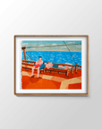 Story Time Indonesia surf painting by Alimo in natural wood frame, two friends relaxing on a boat deck