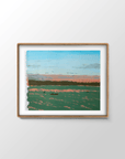 Sunset Moods Indonesia surf painting by Alimo in natural wood frame, fishing boats at golden hour