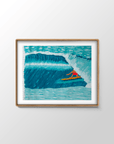 Tropic Shelter Indonesia surf painting by Alimo in natural wood frame, surfer sheltered inside a heavy blue barrel