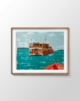 Two Weeks At Sea Indonesia surf painting by Alimo in natural wood frame, wooden ferry boat scene