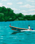 Morning Brew painting by Alimo, small boat crossing the water at sunrise