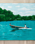 Morning Brew original painting by Alimo, two friends riding a boat past the jungle shoreline