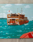 Two Weeks At Sea original painting by Alimo, wooden ferry boat crossing calm water