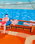 Story Time original painting by Alimo, boat deck conversation looking out at the ocean