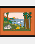 Camping Sessions art print by Alimo in black frame, tent camping scene