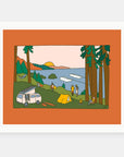 Camping Sessions art print by Alimo in white frame, camping adventure illustration