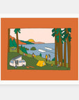 Camping Sessions art print by Alimo in white frame, camping adventure illustration