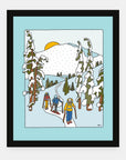 Earning Turns art print by Alimo in black frame, mountain backcountry scene
