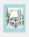 Earning Turns backcountry snowboard art print by Alimo, mountain hiking scene
