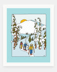 Earning Turns art print by Alimo in white frame, ski touring illustration