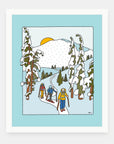 Earning Turns art print by Alimo in white frame, ski touring illustration