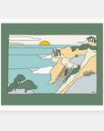 Fall Vibes art print by Alimo in white frame, fall surf illustration