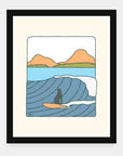 Flintstones Era art print by Alimo in black frame, fun prehistoric surf