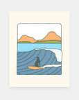 Flintstones Era surf humor art print by Alimo, prehistoric surfing scene