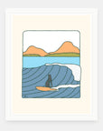 Flintstones Era art print by Alimo in white frame, playful surf illustration