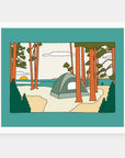 Labor Day art print by Alimo in white frame, camping lifestyle illustration