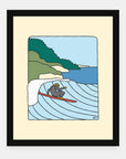 Wetsuit Lounging art print by Alimo in black frame, laid-back surf scene