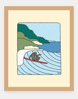 Wetsuit Lounging Alimo art print in a natural wood frame