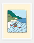 Wetsuit Lounging art print by Alimo in white frame, surf lifestyle illustration