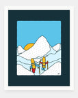 Winter Oasis art print by Alimo in white frame, snowboarding illustration