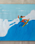 Agua Snaps original painting by Alimo, surfer carving a sharp turn on a wave