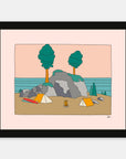 Found Peace art print by Alimo in black frame, tranquil camping illustration