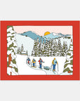 Arrival snowboard adventure art print by Alimo, colorful base camp scene
