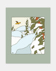 Backyard Special snowboard art print by Alimo, colorful backyard mountain scene