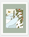 Backyard Special art print by Alimo in white frame, snowboarding illustration