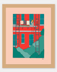 Balcony Chillin Alimo art print in a natural wood frame