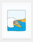 Chillax to the Max art print by Alimo in white frame, chill surf illustration