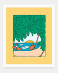 Early Ups art print by Alimo in white frame, morning surf illustration