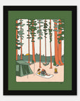 Evening Camps art print by Alimo in black frame, evening campsite illustration
