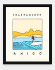 Exactamundo Amigo art print by Alimo in black frame, playful surf scene