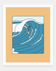 First Swell art print by Alimo in white frame, surf anticipation illustration