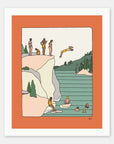 Free Dives art print by Alimo in white frame, summer swimming illustration