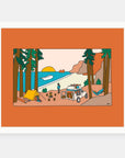 Getaway Weekend art print by Alimo in white frame, weekend escape illustration