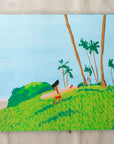 Happy Dog original painting by Alimo, surfer carrying a board through palm-lined dunes
