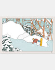 Japan-inspired art print of a snowboarder in deep snow, featuring the japow print theme and winter adventure.