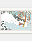 Japan-inspired snowboarding art print featuring a snowboarder in deep powder, ideal for japow print enthusiasts.