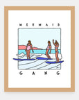 Mermaid Gang Alimo art print in a natural wood frame