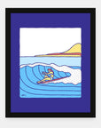 No Caption art print by Alimo in black frame, coastal barrel wave scene