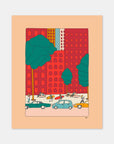 Safari Trekking NYC surf art print by Alimo, colorful city-to-beach journey scene