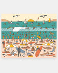 Opening Day surf art print by Alimo, colorful beach scene with swimmers and surfers
