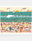 Opening Day art print by Alimo in white frame, summer beach day illustration