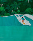 Pocket Pass painting by Alimo, jungle-lined wave with surfers waiting